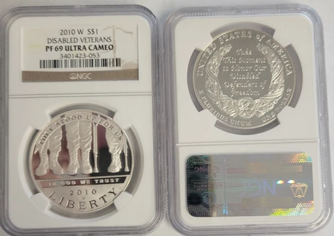2010 W NGC PF 69 UCAM Disabled Veterans Commemorative Silver Dollar Cover