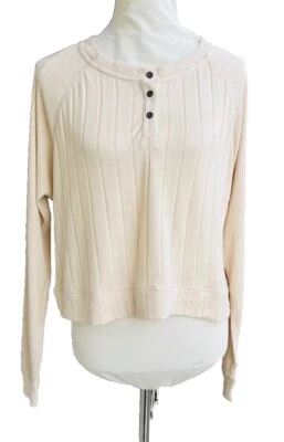 Roxy Take it Home Ribbed Sweater Women's Beige Knit Henley Oversized Size M - Image 1 of 4