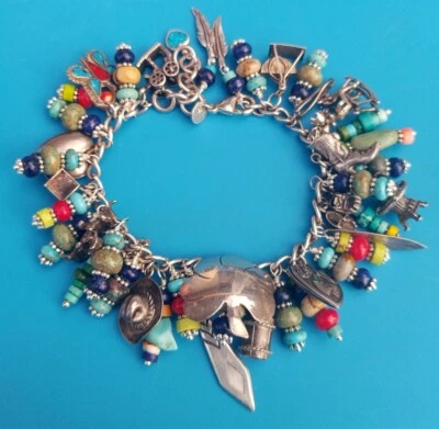 Vintage Native CHARM BRACELET 21 Sterling Silver Charms Turquiose/Coral/Lapis  - Image 1 of 4