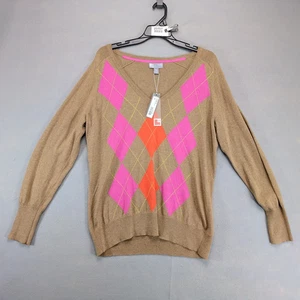 NUEVO CON ETIQUETAS JCP Mezcla de Cachemira Cuello en V Argyle Suéter Para Mujer XL Marrón Rosa Naranja Preppy - Imagen 1 de 10
