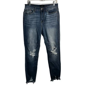 Judy Blue Distressed Skinny Jeans Size 11/30 Medium Wash Raw Hem Stretch Denim - Picture 1 of 7
