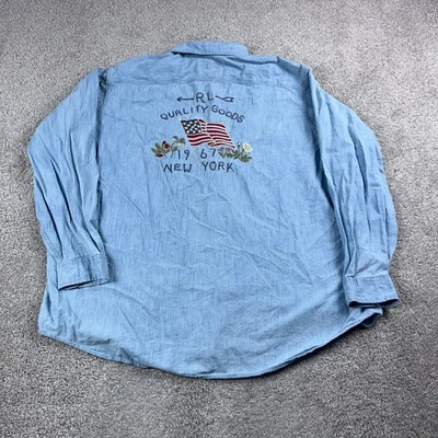 Ralph Lauren Shirt Mens 2XB XXB Blue Quality Goods USA Flag Button Up Workshirt - Image 1 of 4