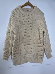Vintage Standun Ireland Hand Zopfmuster Wollpullover 44 L Fischer Strickjacke Elfenbein - Bild 1 von 4