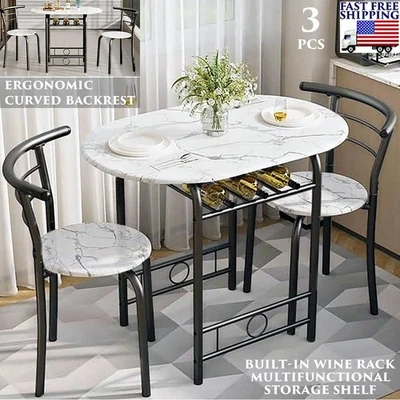 3 PCS DINING SET TABLE + 2 CHAIRS FOR SMALL SPACE KITCHEN BAR BUILT-IN WINE RACK - Image 1 of 4
