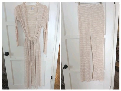 Conjunto L Space a Juego Pantalones Bata Plumero XL Grande Playa Rayas Tejido Beige Blanco  Foto 1 de 4