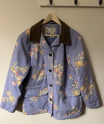 LL Bean Purple Canvas Floral Print Corduroy Collar Barn Chore Coat Jacket XL P - Image 1 of 4