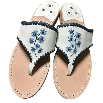 JACK ROGERS EMBROIDERED DAISY  Leather Thong SANDAL WHITE/NAVY Flip  Flop SZ 9 - Image 1 of 4