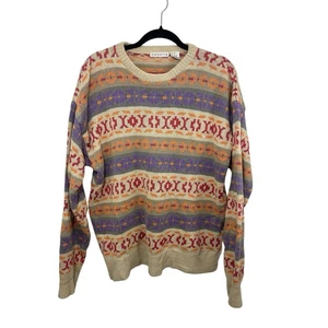 VTG Claiborne Sweater Mens Medium Multicolor Striped Grandpa Pullover Linen Busy - Picture 1 of 8