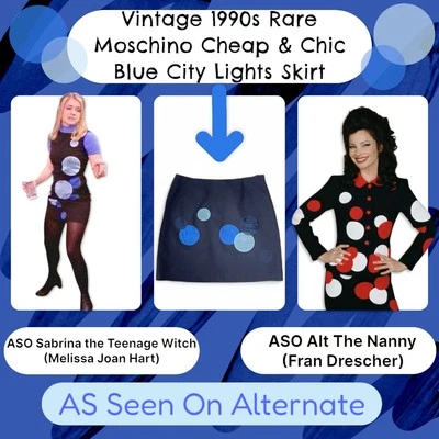 RARO Vintage Moschino Mini Saia Anos 90 ASO Babá Sabrina Círculos Pontos Retrô Azul 6 - Imagem 1 de 4