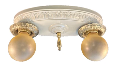 Vintage brass Art Deco 2 Light Flush Mount Fixture - Image 1 of 4