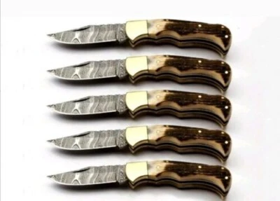 (LOT OF 5) DAMASCUS STEEL BLADE POCKET KNIFE FOLDING STAG ANTLER  AWESOME HANDLE - Image 1 of 4