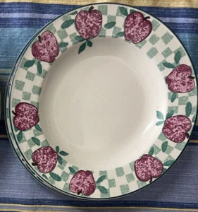 TIENSHAN STONEWARE SALAD PLATES APPLES GREEN CHECKERED 8.5" - Picture 1 of 4