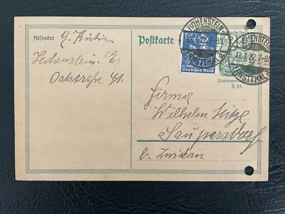 Papelería postal 1922 Reich alemán Hohenstein-Ernstthal cancelar con correo añadido Foto 1 de 2