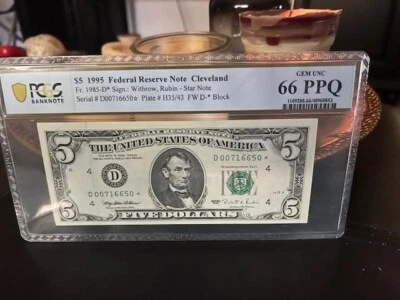 1995 STAR NOTE* $5 FIVE DOLLAR ( CLEVELAND D ) PCGS 66 PPQ GEM UNC Fr. 1985-D* - Image 1 of 4