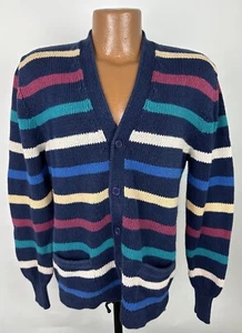 Cárdigan Suéter Vintage Años 90 M Azul Marino Colorido Rugby Rayas Preppy Grunge Papá - Imagen 1 de 15