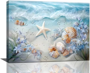 Beach Seashell Bathroom Wall Art Coastal Floral Pictures Wall Decor Flower Starf - Picture 1 of 12