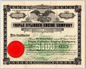 Seltenes 1894 Aktienzertifikat "Triple Cylinder Engine Company" Minneapolis, MN - Bild 1 von 2