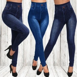 Ladies Casual Imitation Jeans Leggings Comfy High Waist Trousers Denim Pants New - Picture 1 of 15
