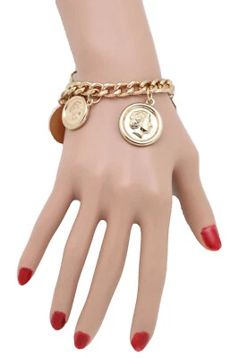 Pulseira de pulso feminina cor ouro corrente de metal joias da moda moeda grega dinheiro $$$ - Imagem 1 de 4