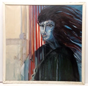 1970 LISTED DANISH JORGEN WARING SIGNED OIL on CANVAS MODERN PORTRAIT of a WOMAN - Picture 1 of 8