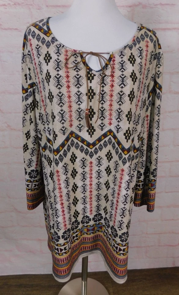 Top túnica cato mujer 18/20W boho estampado tribal manga larga cuello corbata Foto 1 de 4
