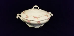 Vintage Carlsbad Austria Lidded Round Vegetable Terrine White with Pink Roses 8" - Picture 1 of 6