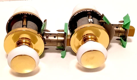 2 Reclaimed Vintage Door Handle Sets Polished Brass & White Enamel Cover