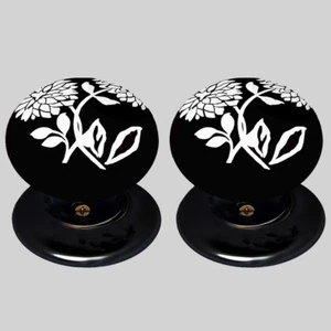 Porcelain Mortice Door Knob Set Black With White Dahlia Design 60mm - Picture 1 of 3