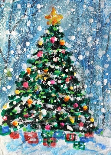 ACEO Original Painting XMAS TREE Landscape Winter Gifts Snow Holiday ATC ART - Image 1 of 1