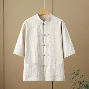 2025 New Chinese-style Cotton Linen Buckle Shirt Men Tang Suit Short Sleeve Tops - Picture 1 of 22