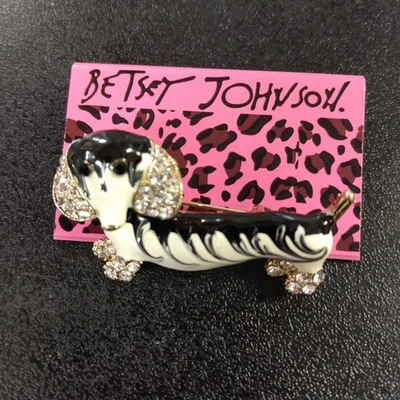 Betsy Johnson ENAMEL & CLEAR RHINESTONE DACHSHUND DOG BROOCH - Image 1 of 4