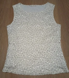 Vtg 70s Sparkle Silver Metallic Lace Embroidered Festive Holiday Tank Top XS - Picture 1 of 9