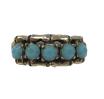 Anillo Tono Dorado Azul Turquesa Cristales Facetados Banda Bambú Retorcida Ajustable Foto 1 de 4