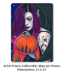 ACEO LE PRINT Gothic Halloween Pumpkin Demon Night Wings Creepy Ombre Hair ATC - Picture 1 of 3