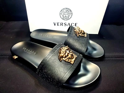 Men's Black Gold Versace Medusa Palazzo Sandals Slides Flip Flops - Image 1 of 3