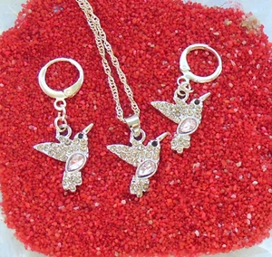 925 Silber Schmuck Set Kolibri Rosa  Kette Anhänger Creolen Weihnachtsgeschenk - Bild 1 von 10