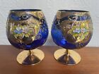 Pair Vintage Czech Bohemian Cobalt Hand Painted Enamelled Brandy Glasses Goblets
