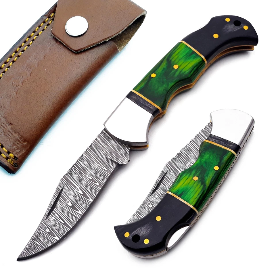 Cuchillo de bolsillo plegable con bloqueo trasero hecho a mano Damasco camping caza cuchillo bolsa Foto 1 de 4