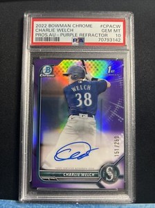 CHARLIE WELCH PSA 10 2022 BOWMAN CHROME 1ST PURPLE REFRACTOR AUTO /250