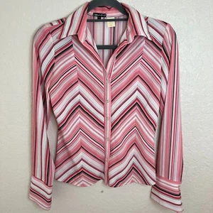 Mandee Women's Small Pink White Red Stripped V-Neck Button Down Shirt Blouse - Picture 1 of 7