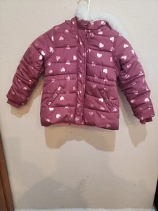 Carter's Girl's Hooded Heavy Jacket Maroon with Sparkly Hearts Size 5 - Picture 1 of 4
