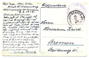 BELGIUM-GERMANY  1914 AK =GERMAN PM =  MARINE WERF ANTWERPEN  TO BREMEN   F/VF - Picture 1 of 2