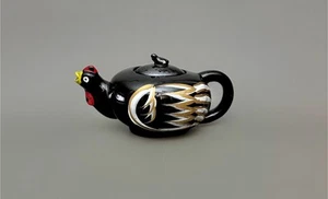 Vintage Porcelain Japan Rooster Teapot Black White Gold Swirl Pattern  - Picture 1 of 21