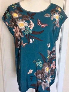 Ladies Size M Oasis Teal Floral/Butterflies Cap Sleeve Glitter Back Top - Picture 1 of 7