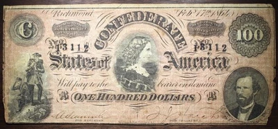 1864 $100 Confederate States Of America Holed Note Circulated P131 - Image 1 of 2