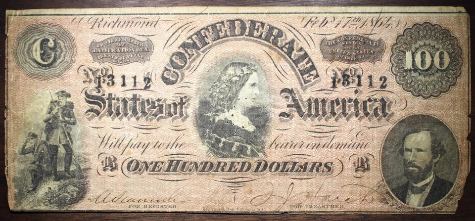 1864 $100 Confederate States Of America Holed Note Circulated P131 - Image 1 of 2