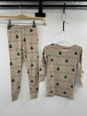 NWT Holy Pals Pajama Set Kids 2 Beige Holiday Tree Print Long Sleeve Sleepwear - Image 1 of 4