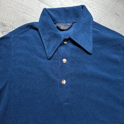 Vintage 70s Mod Velour Navy Blue LS Polo Skater Disco Soft-Touch Shirt M USA - Image 1 of 4