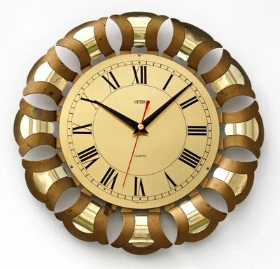 Vintage 30cm Smiths Wall Clock - Sunburst Metal Retro 1970s Mid Century Gold - Image 1 of 4