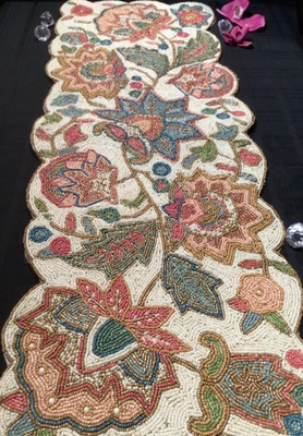 Larkspur  hand beaded Table Runner Jacobean Floral 13"x36" multi-colored - Image 1 of 4